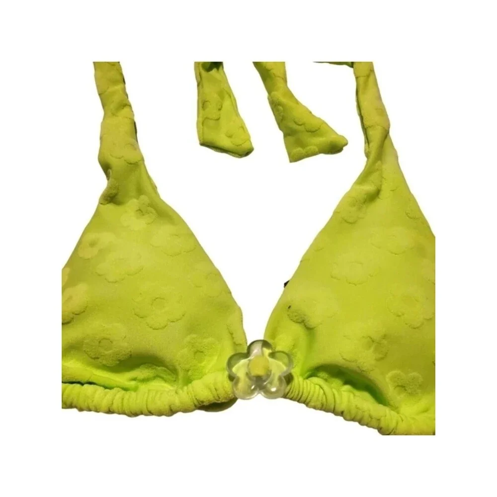Victoria's Secret Halter Bikini Top Neon Green Floral Flower Accent XS